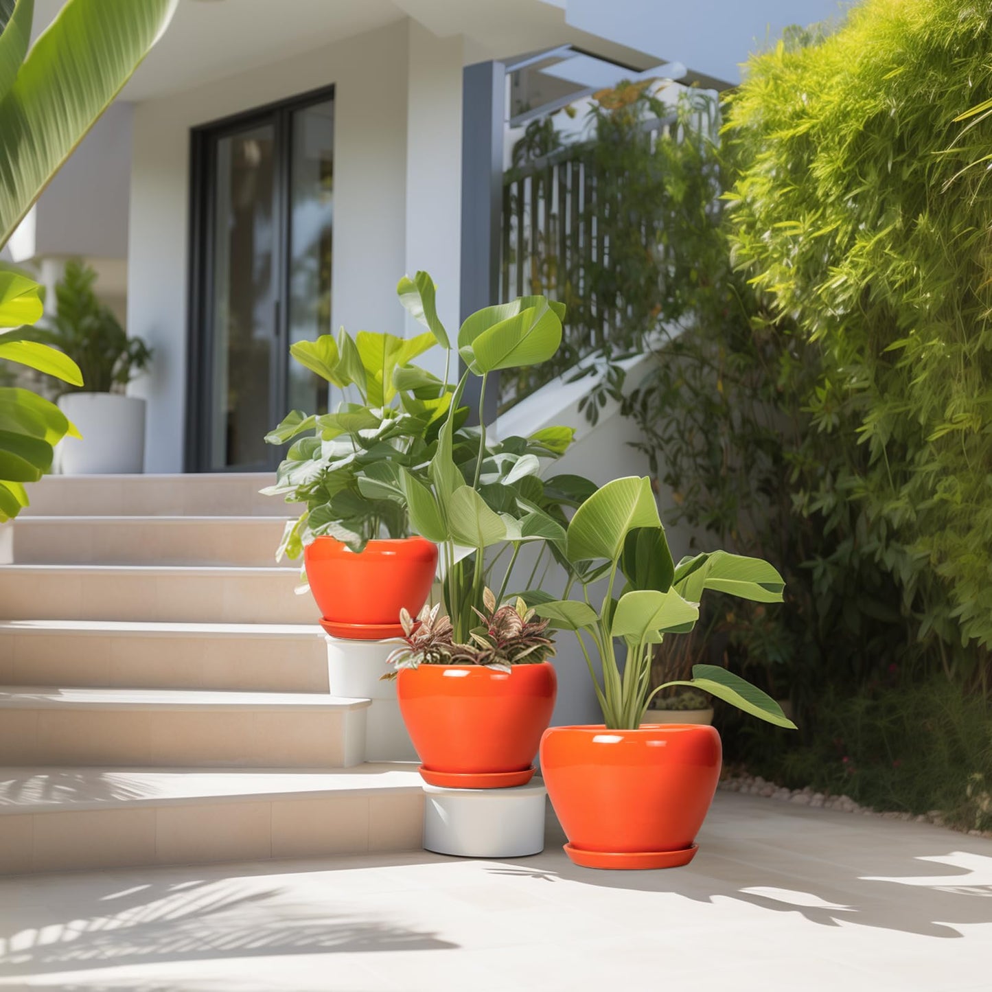 EPFamily Ceramic Planter - 10 Inch 8 Inch 6 Inch Plant Pot with Drainage Holes and Saucers, Round Planters for Indoor Outdoor, Modern Flower Pots, House Garden Room Decor, Gardening Gifts, Orange