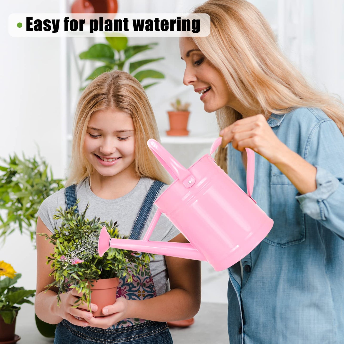 Lechloris Metal Watering Can (1 Gallon) for Outdoor&Indoor Plants with Free Small Watering can for Kids, Plant Watering Can with Removable spout, Perfect for Garden Flower, Houseplants, Pink