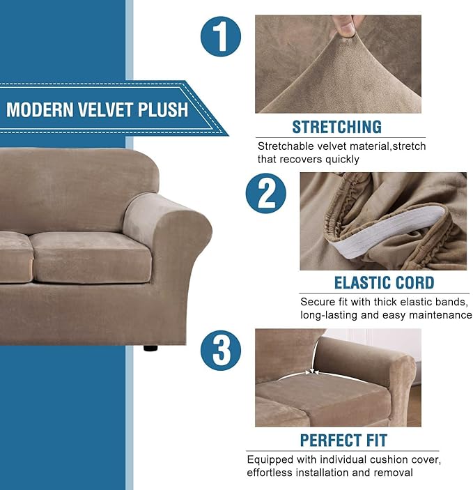 H.VERSAILTEX Velvet Plush 4 Piece High Stretch Sofa Slipcover Cover Furniture