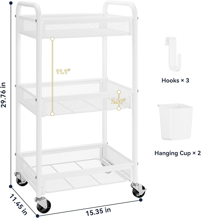 YASONIC 3 Tier Rolling Cart – Metal Utility Storage Carts