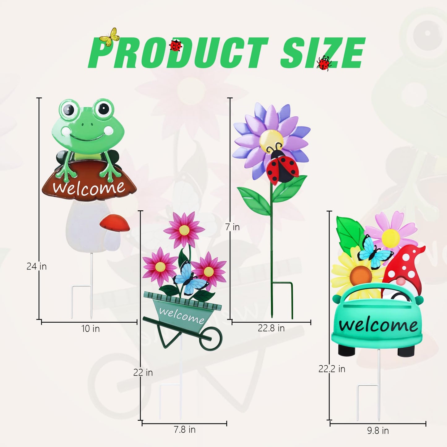 Welcome Decorative Garden Stakes, 4Pcs Flower Metal Yard Signs with Frog, Mushroom, Gnome, Butterfly and Ladybug, Garden Stakes for Spring Decor,Outdoor Lawn Yard Art Gift for Mom