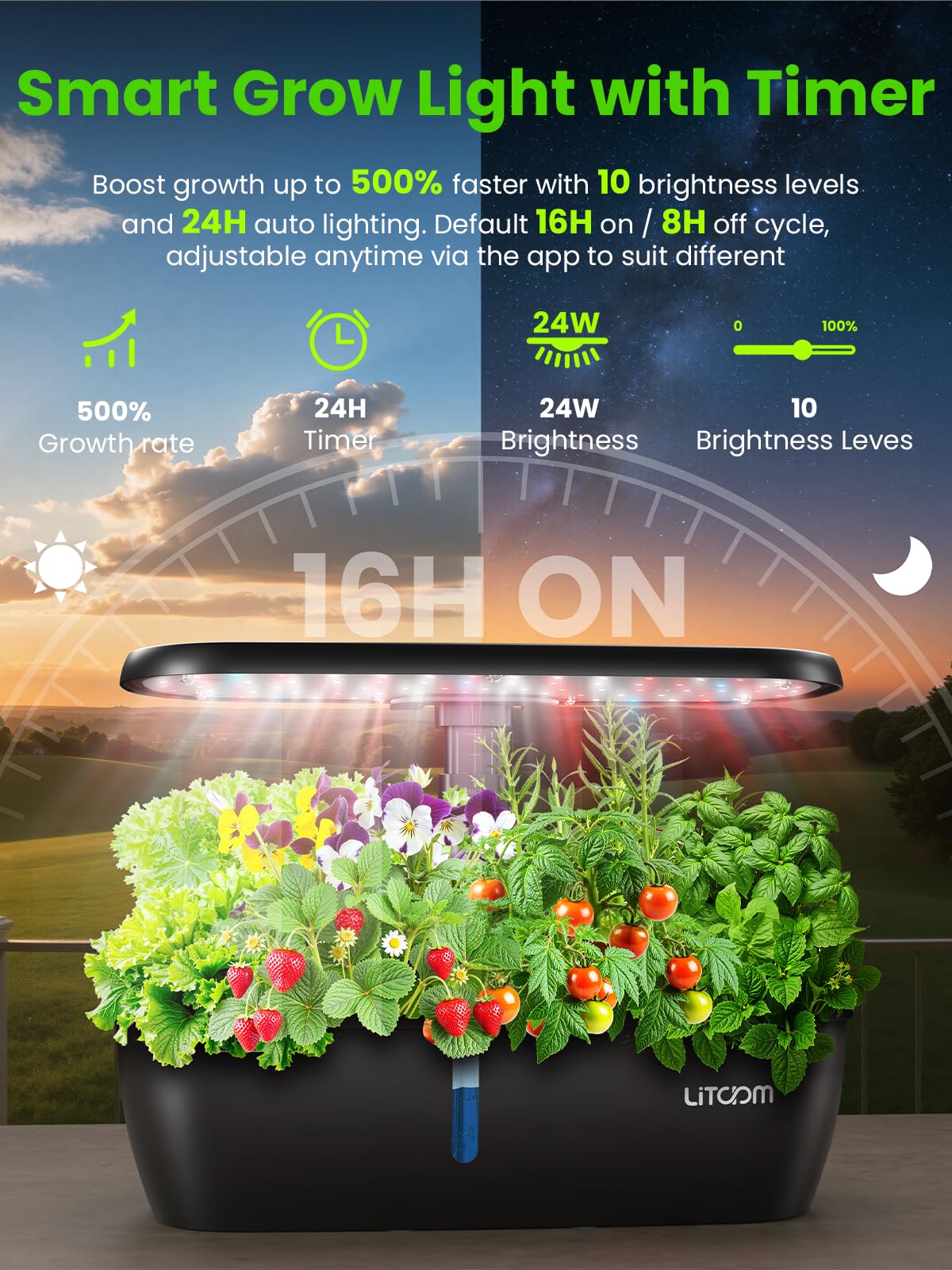 litokam Hydroponics Growing System Kit, 15-Pod Indoor Herb Garden Planter with 24W Grow Light & APP Control, Indoor Gardening System with 2 Grow Modes, Quiet Pump & 24H Timer