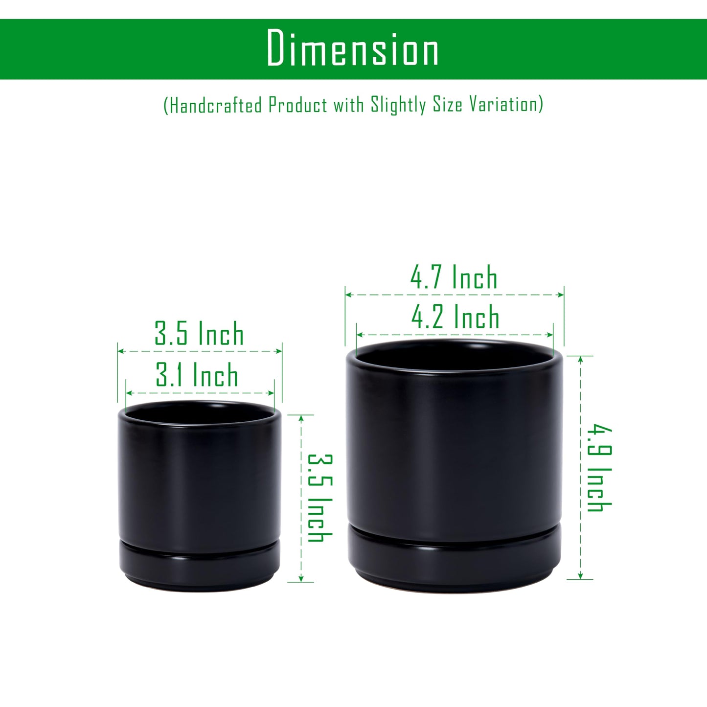 D'vine Dev 3.5 Inch & 4.7 Inch Ceramic Planter Pots for Plants with Drainage Hole and Saucer, X-Small Plant Pots Set, Black, 94-G-XS-2
