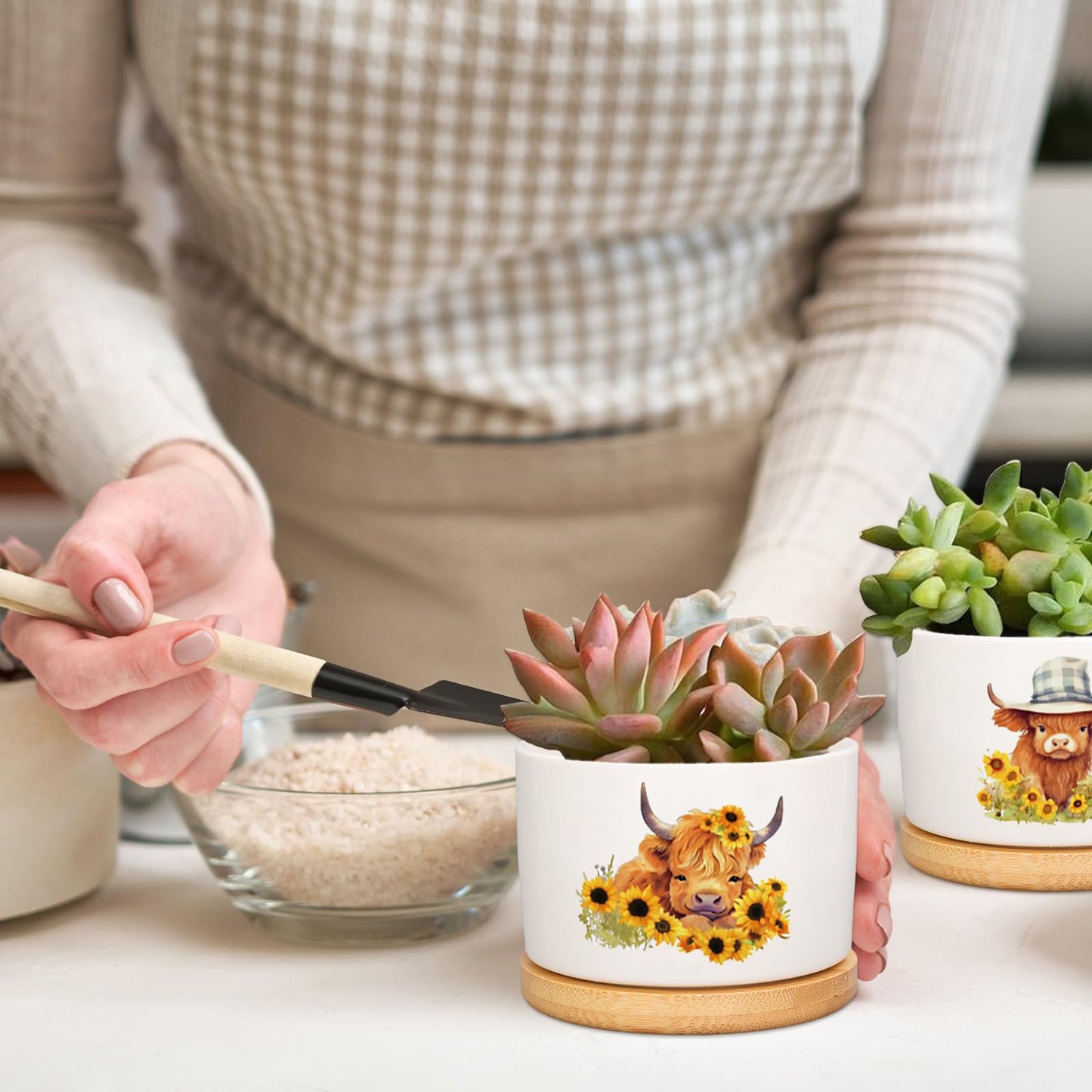 FYSUIMU 6Pcs Highland Cow Decor Gift Planter Rustic Cow Sunflower Ceramic Succulent Pots Animal Plant with Tray Appreciation Gift for Farmhouse Home Office Kitchen Bathroom, No Plants