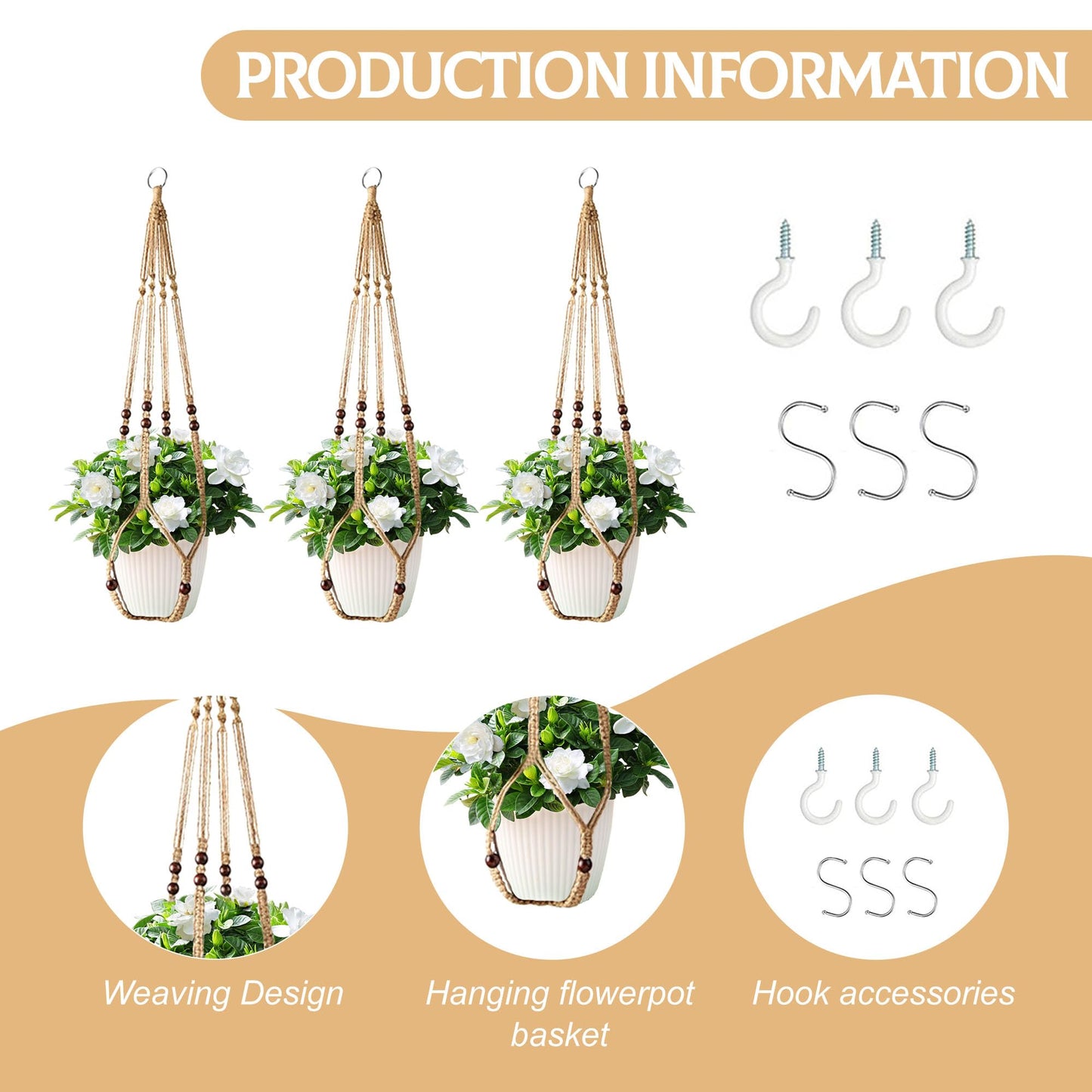 3Pcs Macrame Plant Hangers Indoor 35Inch Brown Hemp Rope Plant Hanger Hanging Plant Holders Hanging Planter Basket Flower Pot Holder with S Hooks and Hook Nails, Crochet Home Decor Plant Hanger