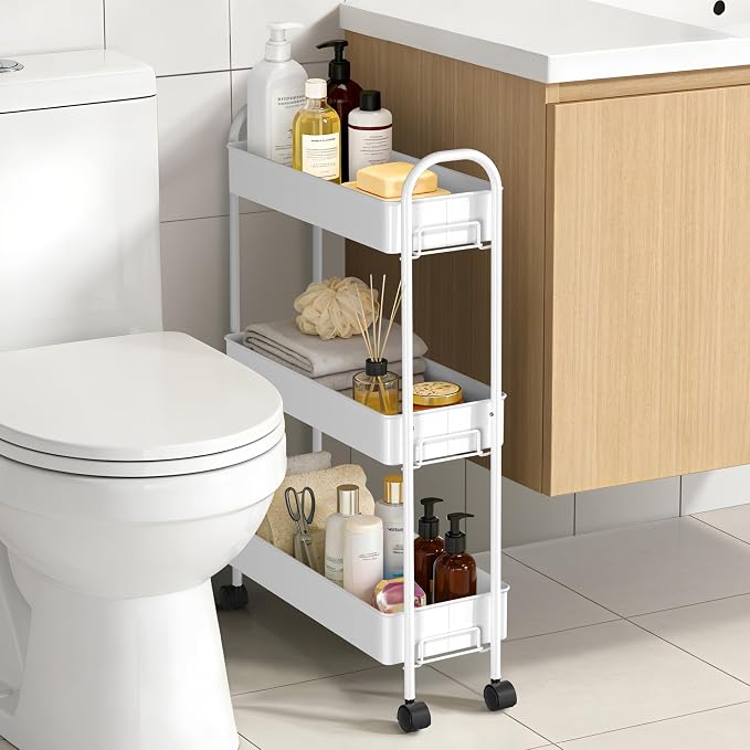 Slim Rolling Cart, Metal Frame Utility Rolling 3-Tier Narrow Storage Cart with Handle Kitchen Storage Organizer, Mobile Shelving Unit for Bathroom Kitchen