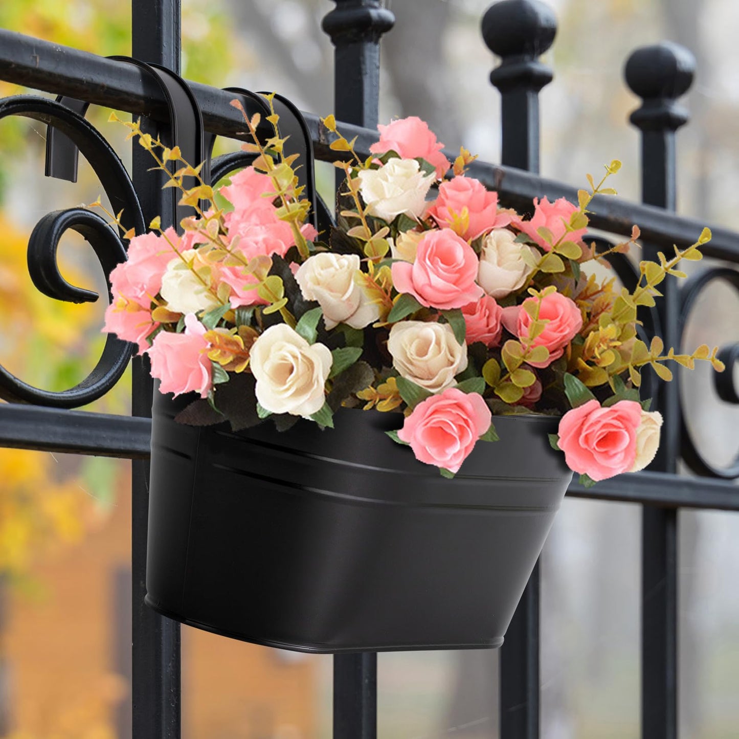 5 Pcs Iron Hanging Flower Pots 11 Inch Hanging Planters for Outdoor Plants Metal Hanging Bucket Pots Iron Railing Fence Planter with Drainage Holes and Hooks for Porch Railing Balcony Fence(Black)