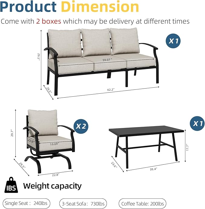 ALAULM 4 Piece Patio Furniture Set, Outdoor Metal Patio Furniture