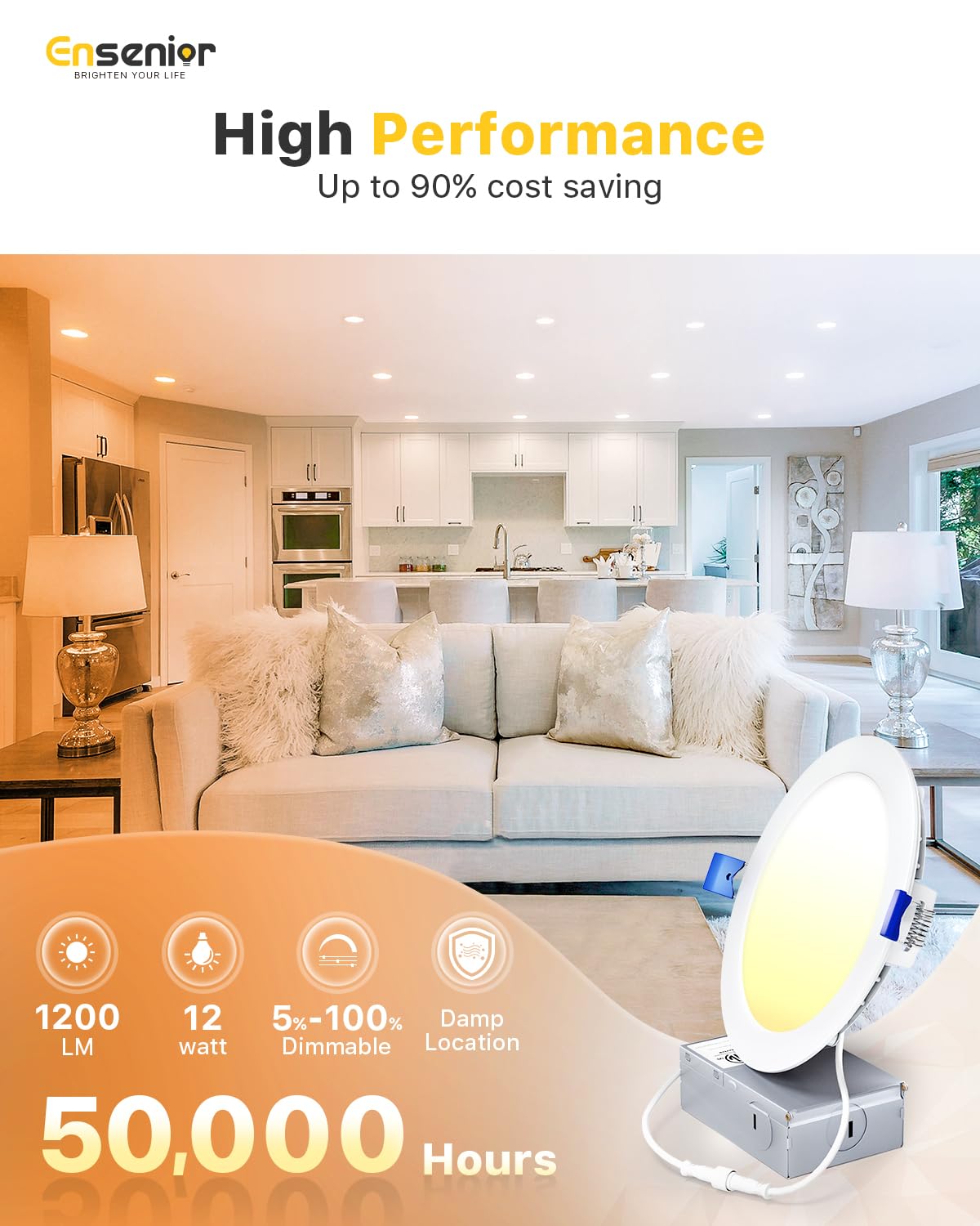 Ensenior 6 Inch LED Recessed Light, Dimmable, 5000K Daylight, 1050LM, 12W, Damp Rated, Ultra-Thin, Aluminum,