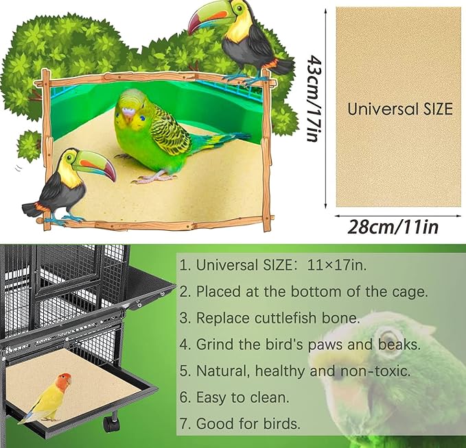 Firdnyohs 25PCS Gravel Paper for Bird Cage,11" x17" Bird cage Liner Gravel Paper Special for Bird Cage in sea Sand-Great for Hard-Billed Birds Safe& Clean & Easy for Improved Digestion…