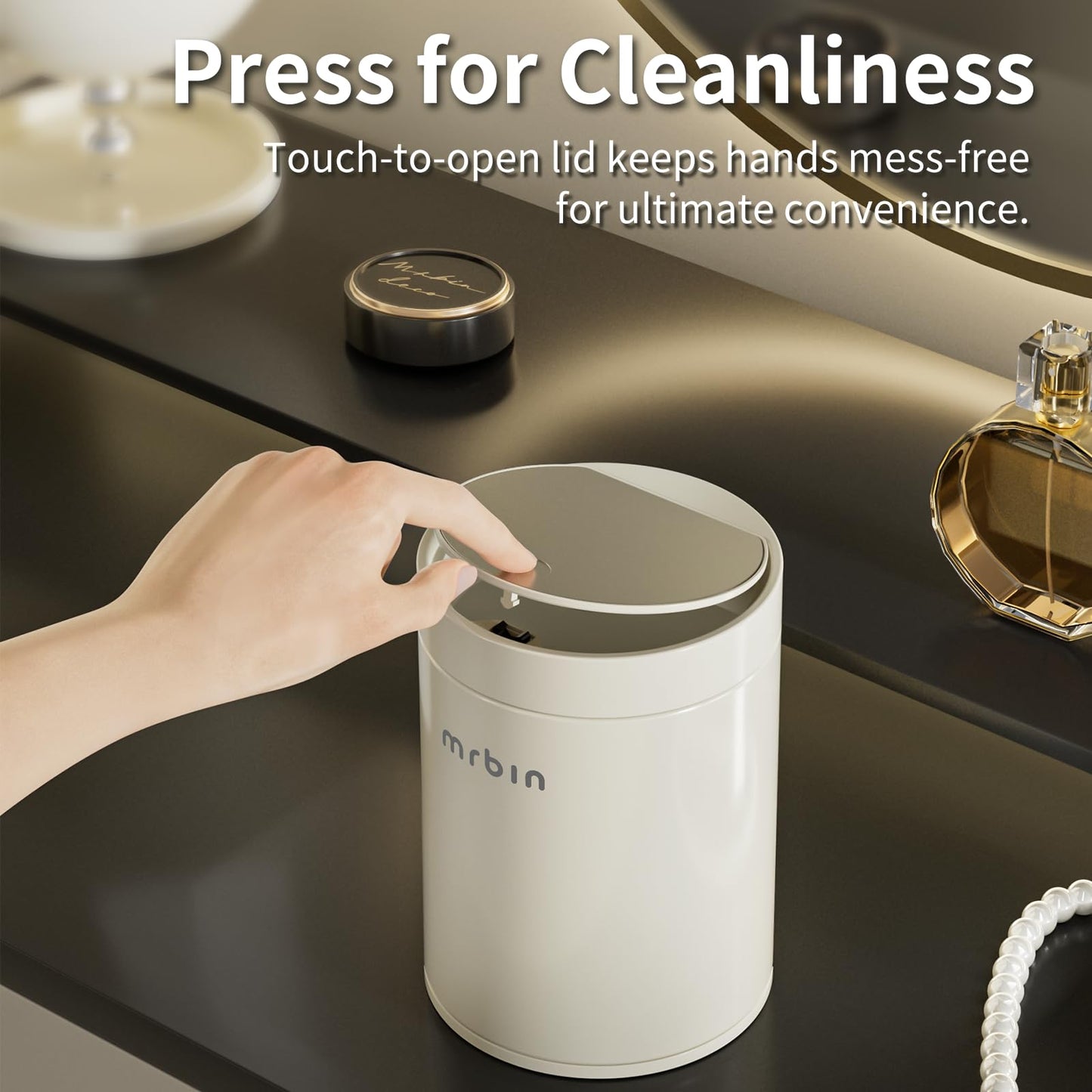MRBIN Mini Desktop Trash Can with Press Lid, 1.5L/0.4Gal Cylindrical Stainless Steel Tabletop Garbage Bin, Cream White, Anti-Fingerprint, Small Waste Basket for Desk, Vanity, Office, Bedroom