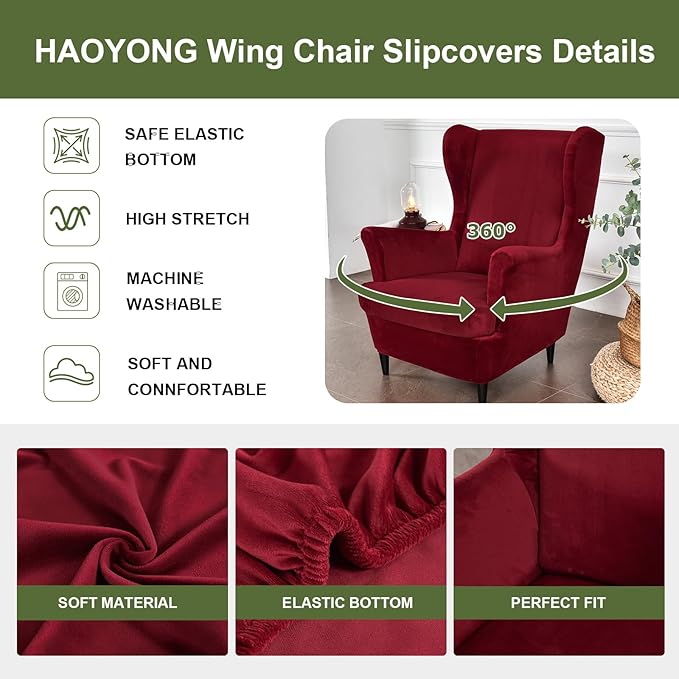 HAOYONG Velvet Wingback Armchair Covers 2-Piece Elastic Stretch Wingback Chair