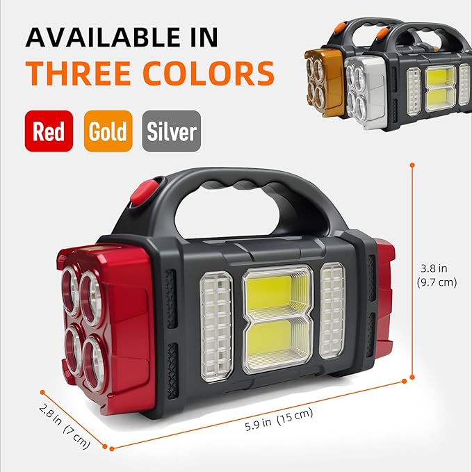 Solar Handheld Flashlight, 4 Lighting Modes Rechargeable LED Work Light, USB-C & Solar Powered Portable Lantern,Emergency Camping Light for Outdoor, Hiking, Power Outage (Red-1pcs)