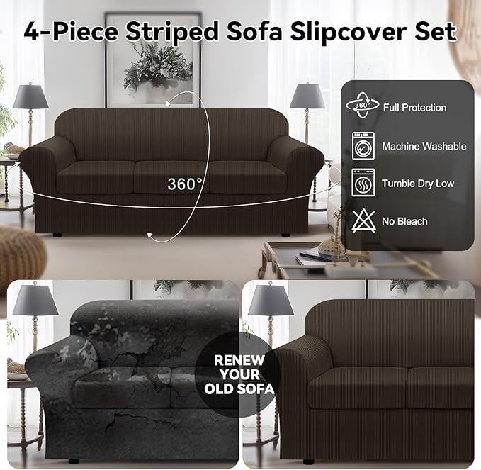 100% WaterproofCouch Cover 4-Piece Set Striped Sofa Slipcovers