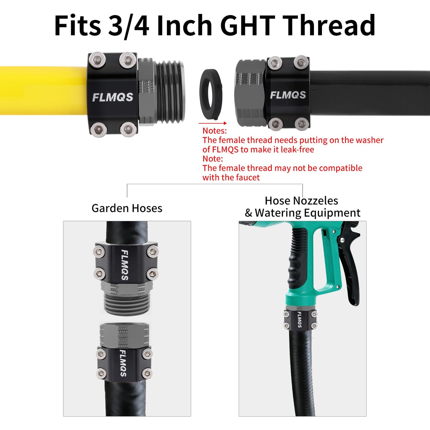 FLMQS Garden Hose Repair Connector Kit with Clamps, Fits 3/4" or 5/8" Garden Hoses, Leak-Proof Male and Female Hose Adapter, 3 Sets Black