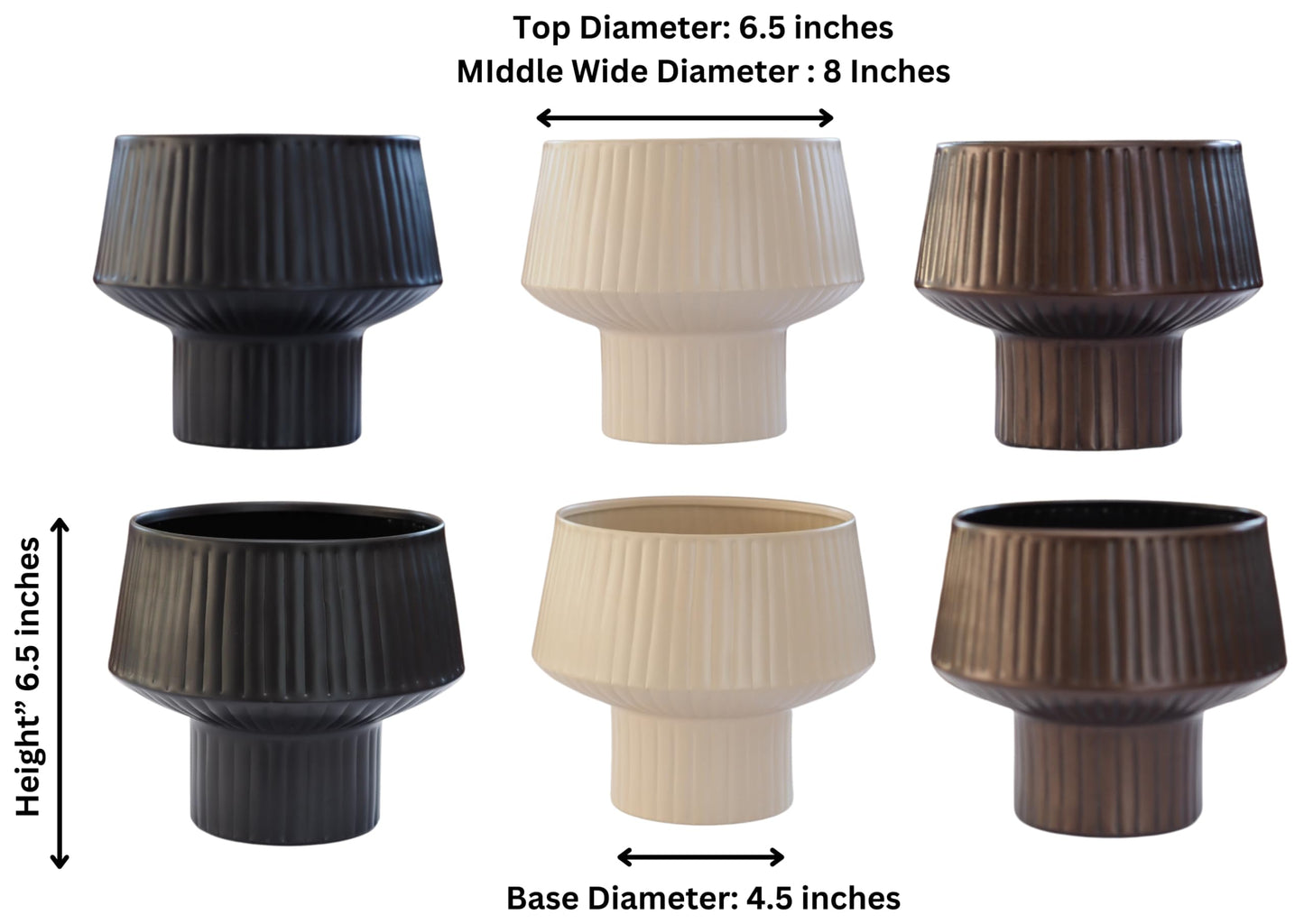 Wide Top Modern Handmade Metal Indoor Planter with Unique Shape, Vertical Grooved Design and Anti-Scratch Pads, Rust-Resistant Finish that is Sustainable Non-Plastic Pot Recyclable Metal Vase (White)