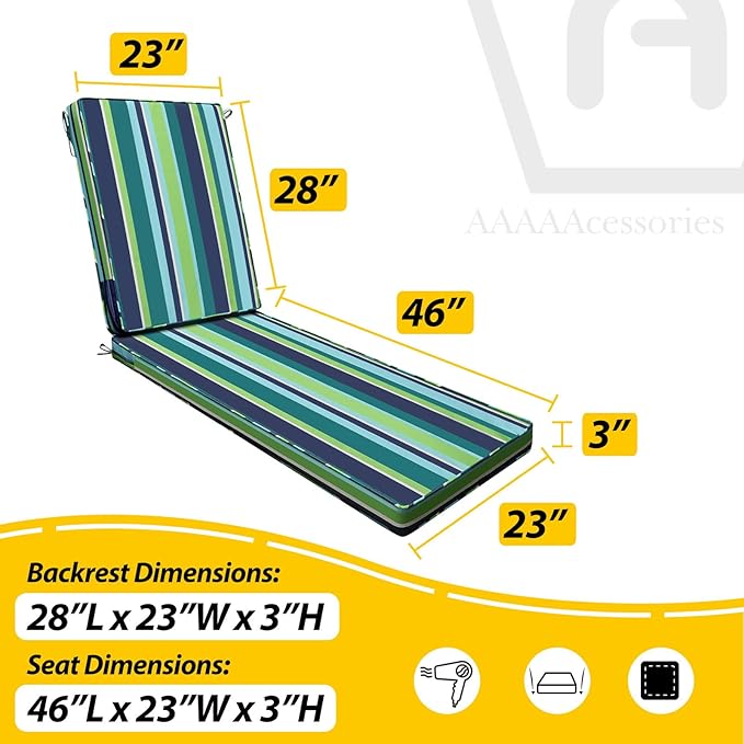 AAAAAcessories Outdoor Chaise Lounge Cushions, Fade-Resistant, Waterproof Patio
