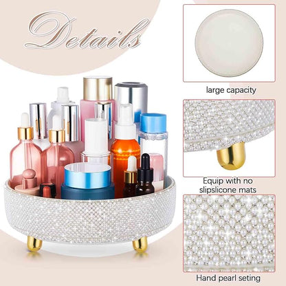 Honeydak 360 Rotating Perfume Organizer Gift for Women, Rhinestone Preppy Skincare Organizer Bathroom Counter Makeup Holder Skincare and Perfume Storage for Cosmetic(1 Tier,Pearl,White)