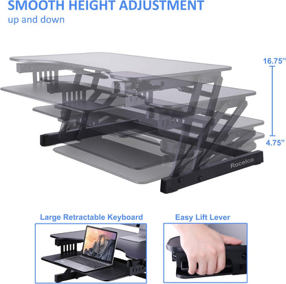 Rocelco 32" Height Adjustable Standing Desk Converter with Floor Stand Bundle - Slide Out Retractable Keyboard Tray - Sit Stand Up Dual Monitor Riser - Computer Workstation - Black (R ADRB-STFS)