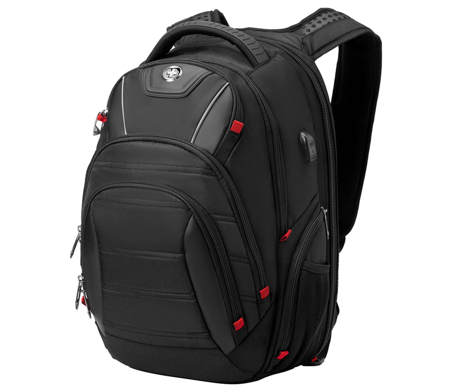 Swissdigital Design Men's Laptop Backpack for College and Business Travel with Integrated USB Charging Port and RFID Protection Fits Laptops up to 15.6 in, Black | J14-BR