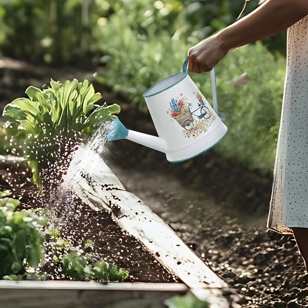Zokyntrix Small Watering Can for Indoor Plants Garden Metal Decorative Watering Can Outdoor Bonsai Balcony Courtyard Garden Flower Decorative, 1.5L, 50.7 Oz (White Blue)