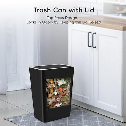 Lysam Small Trash Can, 3 Pack 4 Gallons Bathroom Garbage Can with Lid Press-Top, Small Waste Basket with Trash Bags, Slim Plastic Garbage Bin for Dorm, Office, Bedroom, Kitchen, Living Room (Black)