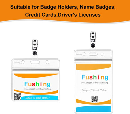 Fushing 100Pcs Metal Badge Clips with Clear PVC Straps for ID Cards and Badge Holders