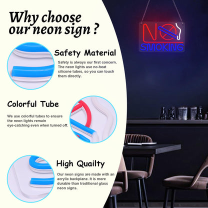 Neon Signs - No Smoking, Bedroom & Business Suitable - USB Powered with Hanging Hooks