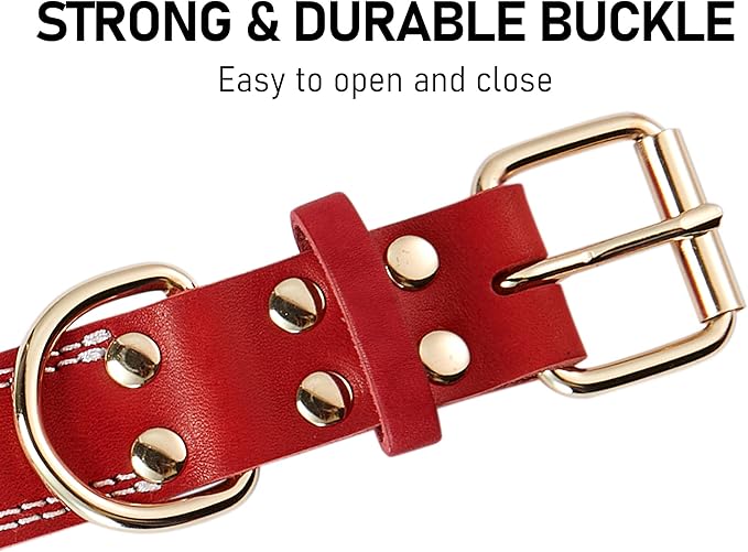 Genuine Leather Dog Collar,Heavy Duty Dog Collar for Small,Medium,Large and Extra Large Dog (S: 0.8" Wide for 13.4"-15.8" Neck, Dual Stitch - Red)