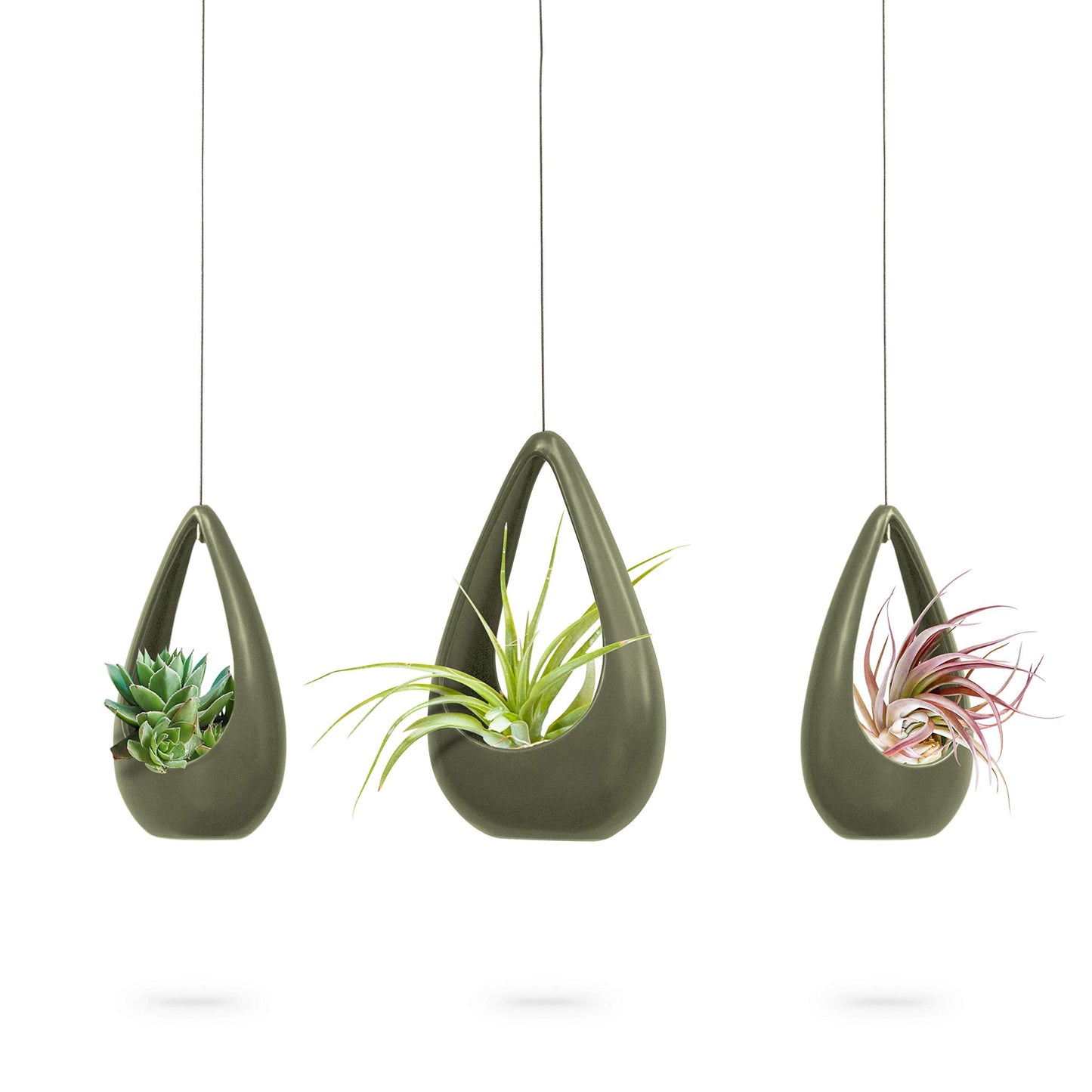 23 Bees, Hanging Air Plant Holder, Green Hanger Ceramic Planter, Small Floating Succulent Pots Container, Cactus Holders with Metal Wire, 3 Pack (3 Pack x Green)