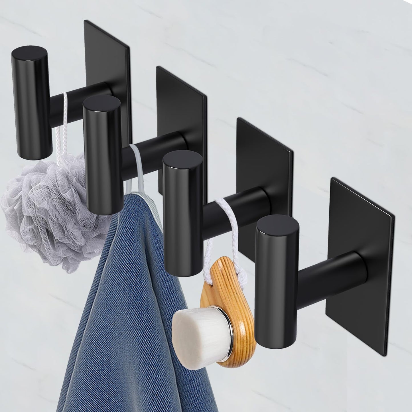 VAEHOLD Wall Towel Hooks, Heavy Duty Sticky Holder Waterproof Towel Hooks for Hanging Coat, Clothes, Closet Hook Wall Mount for Kitchen (Black, 4 Pack)
