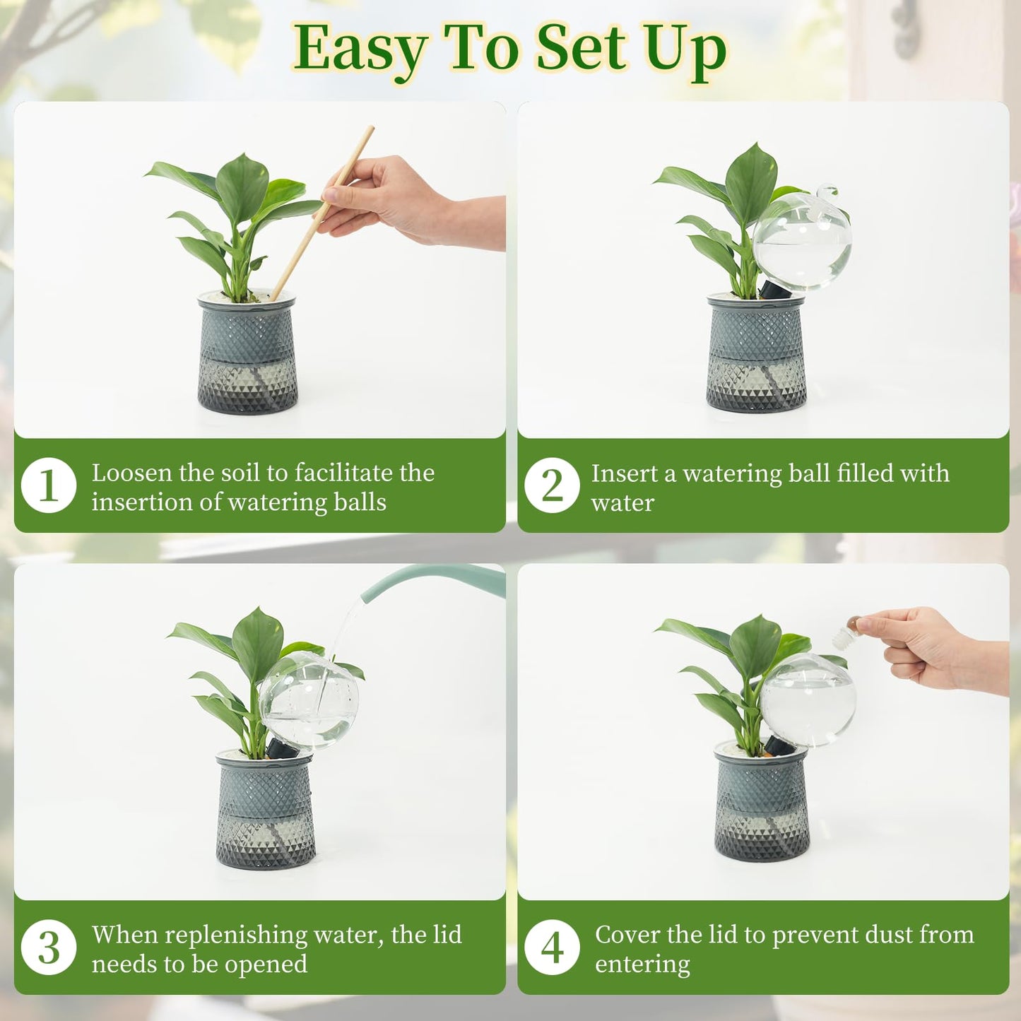 6pcs Plant Self Watering Globes with Covers, Plastic Water Bulbs Top Fill, Plant Watering Devices System Slow Release Terracotta, Water Spikes Stakes for Indoor (6)