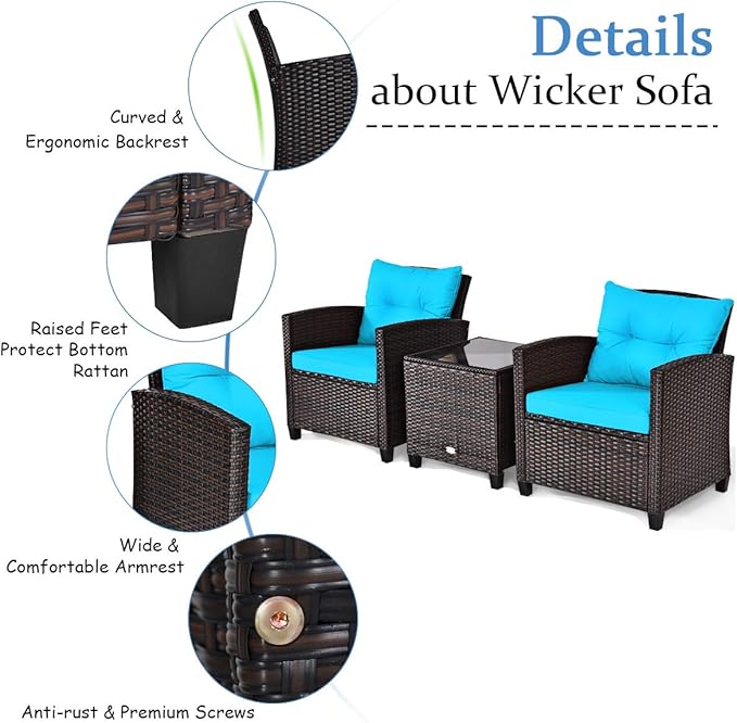 COSTWAY 3PCS Patio Furniture Set, PE Rattan Wicker Sofa w/Washable Cushion and