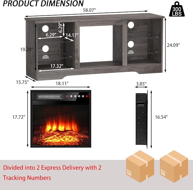 PRETZI Fireplace TV Stand with 18" Fireplace Up to 65" TVs, TV Media Console