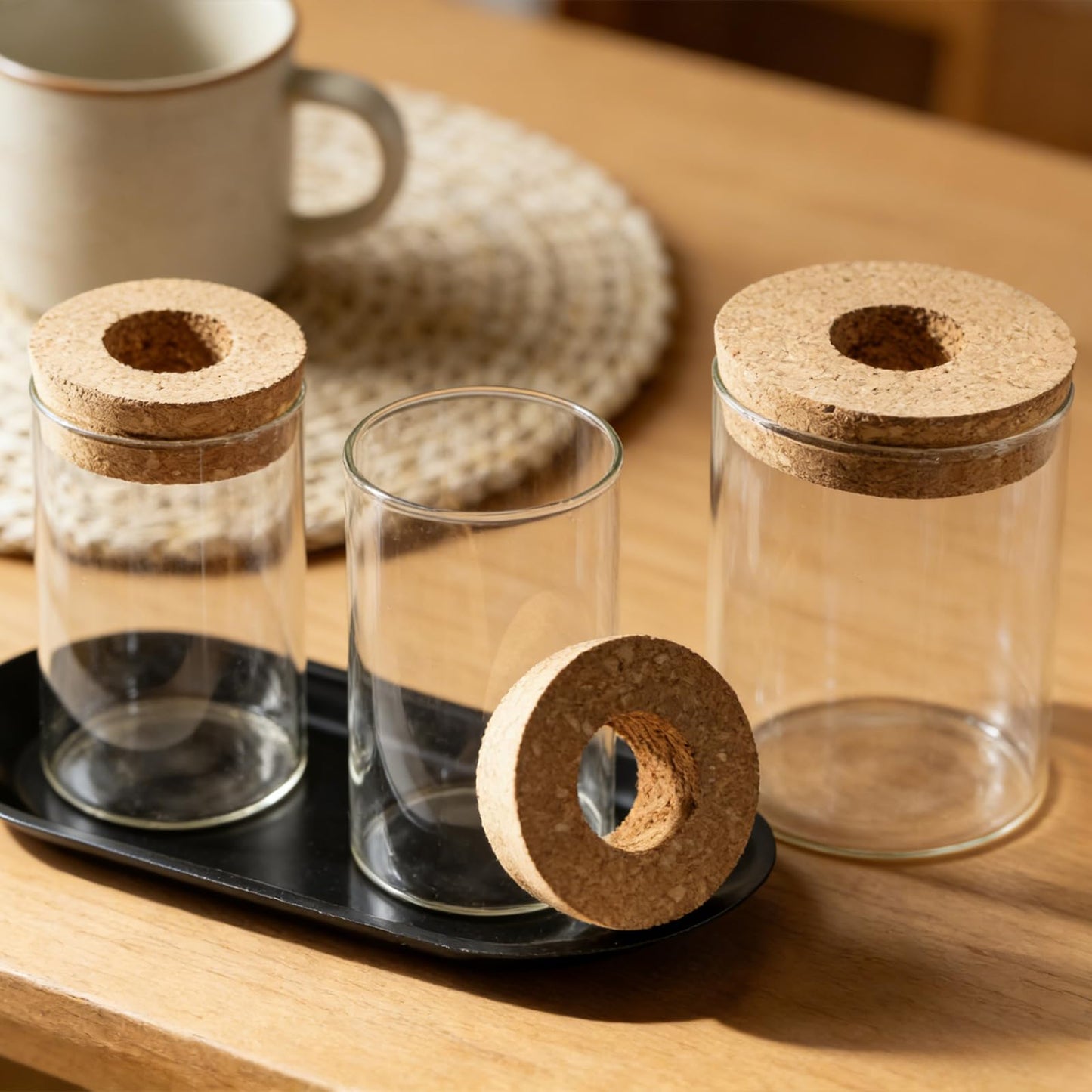 QeemTaco 4Pcs Glass Plant Propagation Vase with Wooden Stopper, Hydroponic Terrarium Cylinder Bottle for Plant Cuttings, Modern Desktop Plant Holder for Home Office Decor
