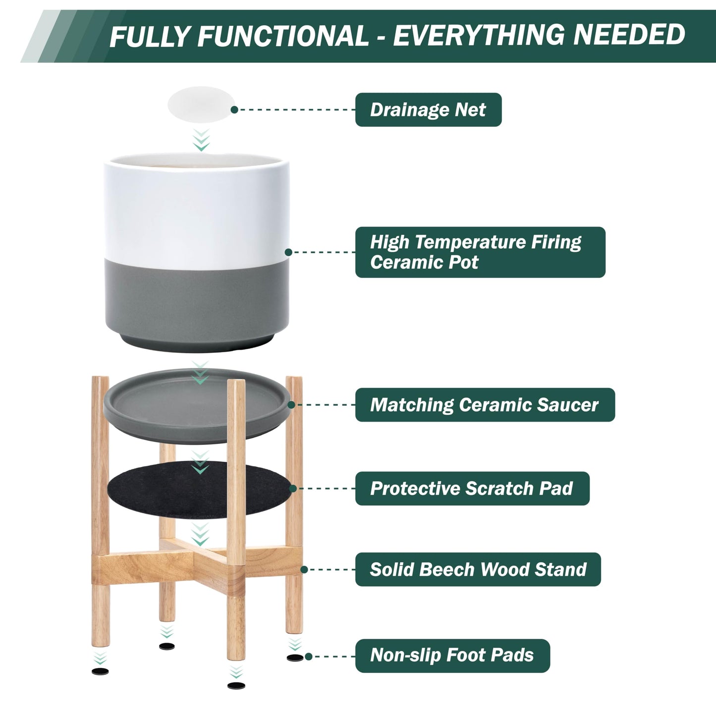 D'vine Dev Ceramic Planter with Natural Stand - 8 Inch Modern Round Flower Pot with Wood Planter Holder, White/Grey, 55-B-N-6
