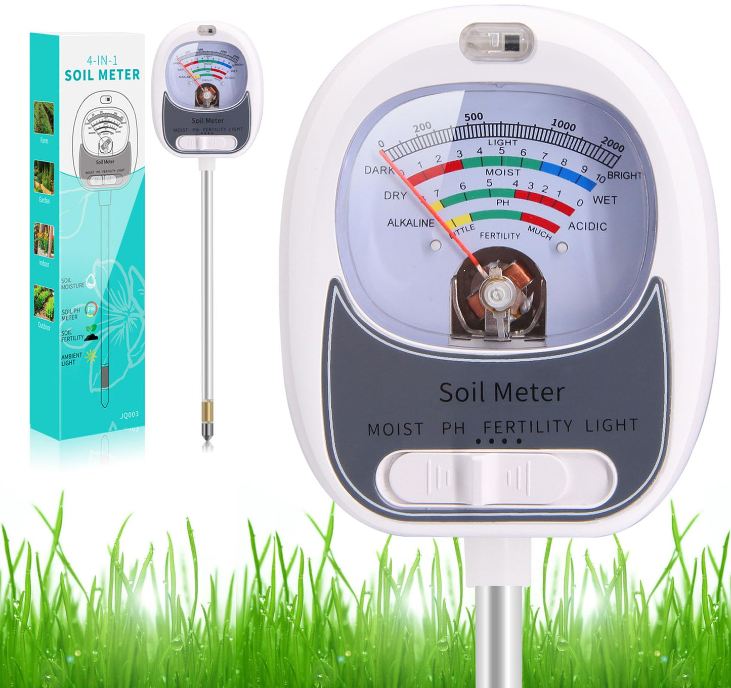 HSLGOVE 4-in-1 Soil Test Kit – Soil Moisture Meter, pH, Fertility & Sun-Light, No Battery Required, Large Dial Soil Tester for Indoor & Outdoor Gardening, Lawn, Farm –Stonewhite
