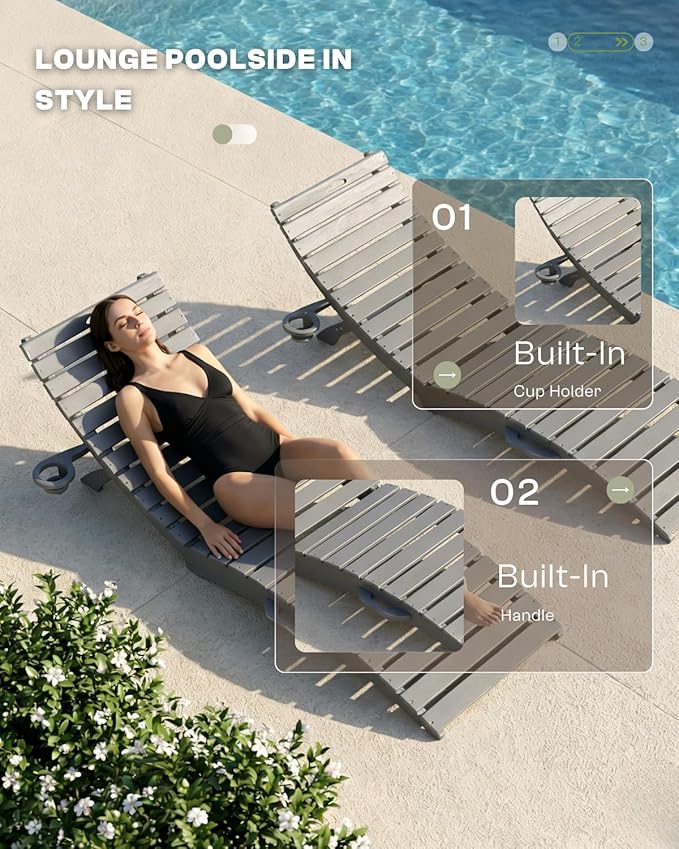 Folding HDPE Pool Lounge Chairs Set of 2, Pre-Assembled Outdoor Chaise Lounge