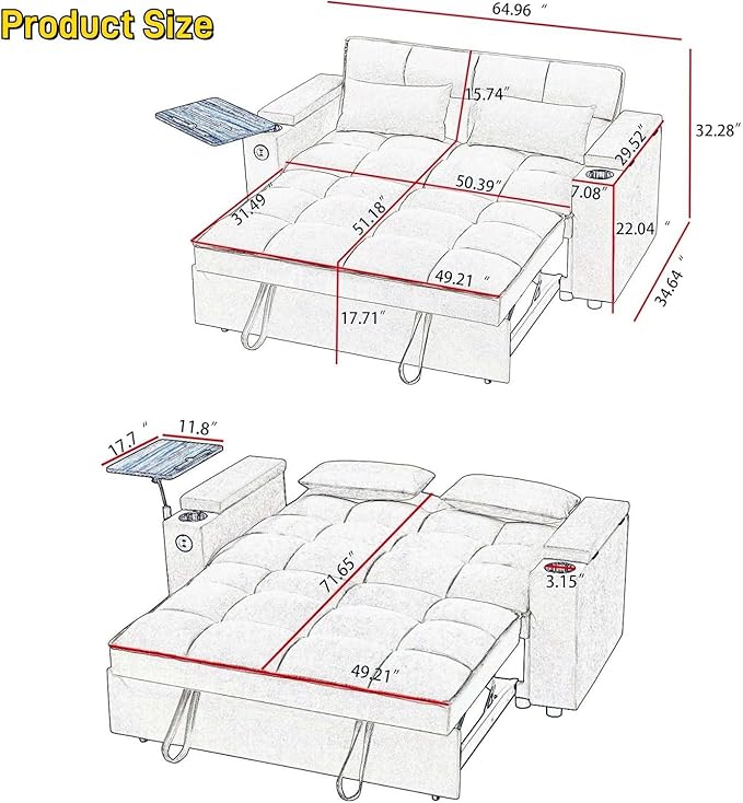 oaaktu Large Size Convertible Sleeper Sofa Bed, Polka dot Velvet Pull Out Futon