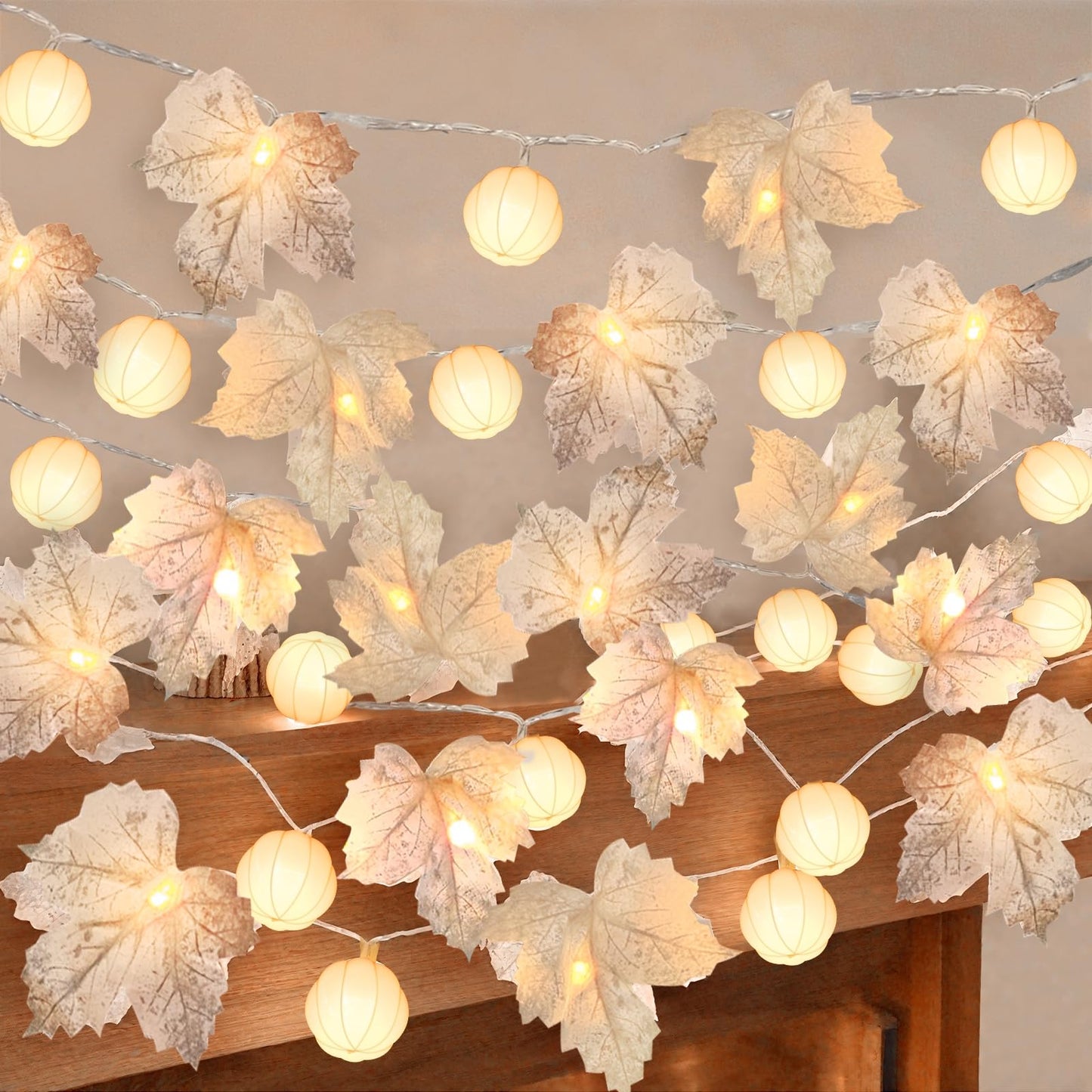 3 Pack Fall Decor Fall Garland with Pumpkin Lights&Enlarged Maples Leaves String Lights Pumpkin Decor, 60LED Waterproof Battery Operated Halloween Thanksgiving Fall Decorations for Home Outdoor Indoor