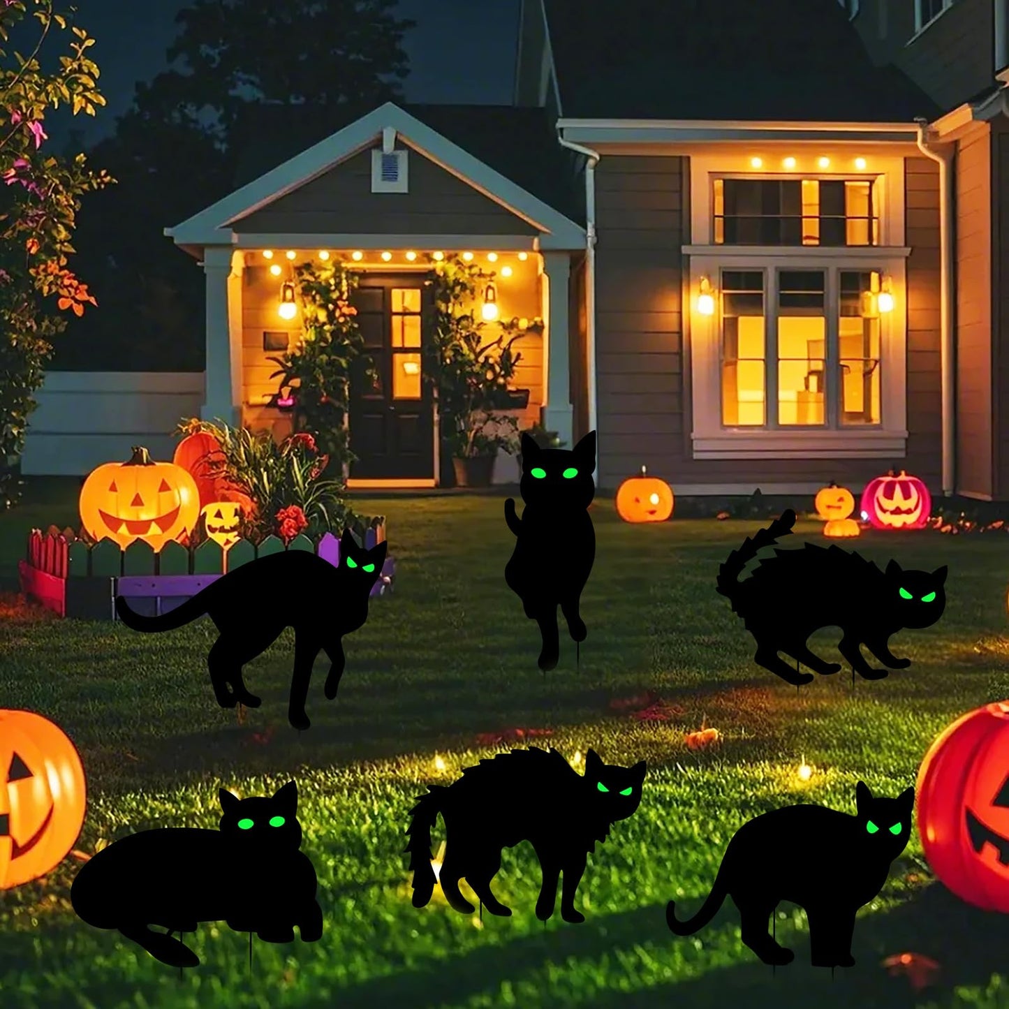 Wlicon 6 PCS Glowing Eyes Black Cat Halloween Yard Signs Halloween Black Cat Decorations Signs with Stakes and Glow-in-The-Dark Eyes Stickers Used for Outdoor Courtyard Lawn Garden Decoration