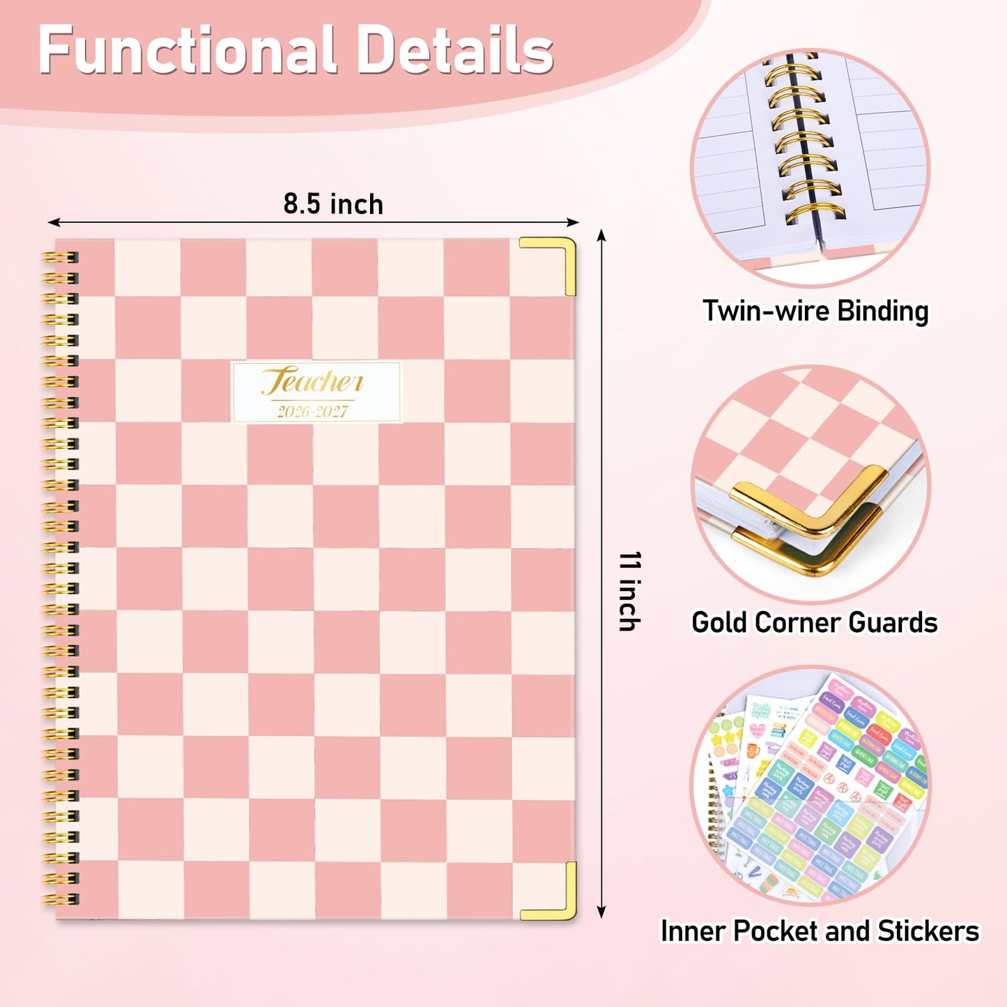 Teacher Planner 2026-2027, Jul 2026-Jun 2027 Academic Year, 8.5" x 11" Lesson Planner Book for Teacher Calendar, Spiral Bound Planners, Colorful Monthly Tabs, Planning Stickers, PinkCheckered