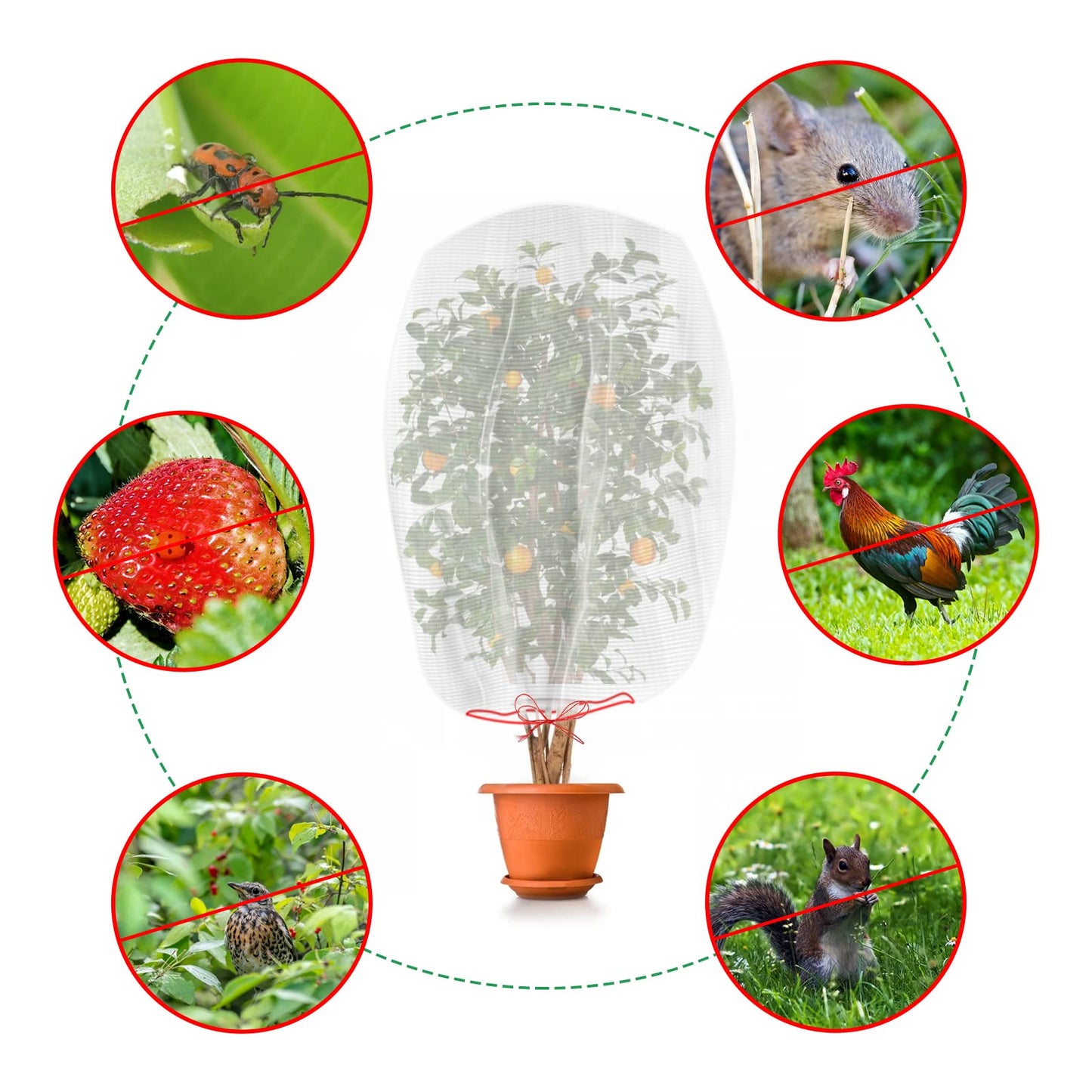 Kikhope 5 Pcs Insect Bird Barrier Netting Mesh with Drawstring- 41"x27" Garden Netting Pest Barrier Plant Cover- Fruit Tree Net for Protect Plant Fruits Flower Vegetables from Insect Bird Eating