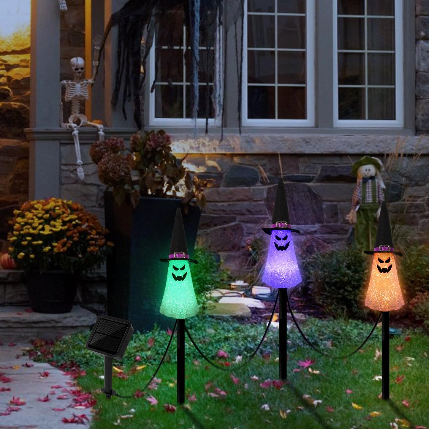 LIGHTSHINE 3PCS Ghost Solar Halloween Decorations, Solar Landscape Pathway Lights, Garden Stakes Light, Outdoor Halloween Lights Decor for Yard, Patio, Porch (Orange+Purple+Green)