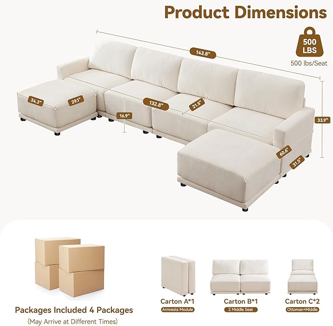 143.8" Modular Sectional Sofa Modern Chenille U Shaped Couch