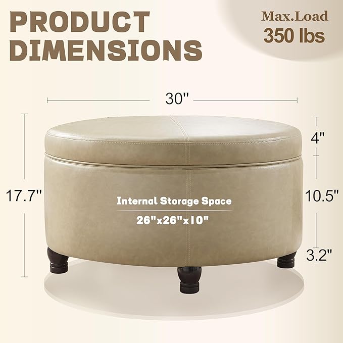 30-Inch Round Storage Ottoman, Modern Ottoman Coffee Table