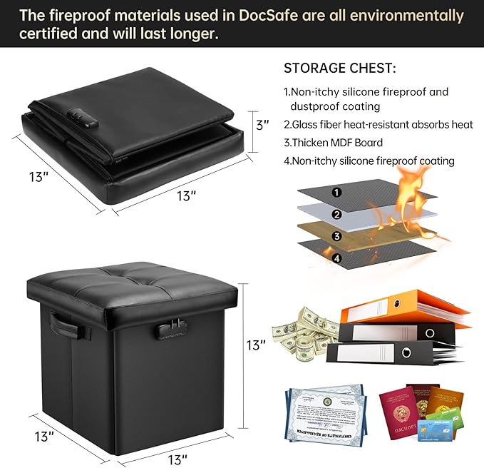 DocSafe Storage Ottoman with Lock, Fireproof Folding Ottoman Foot Rest Stool