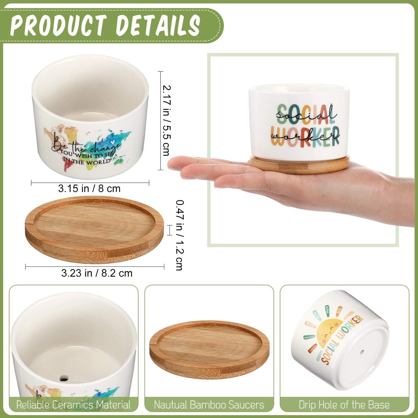 Sieral Thank You Employee Appreciation Gift Succulent Pots,Graduation Gift for Teacher, Ceramic Plant Pot with Bamboo Tray Succulent Planter for Coworker Mentor, Plants Excluded(12 Pcs,Social Worker)