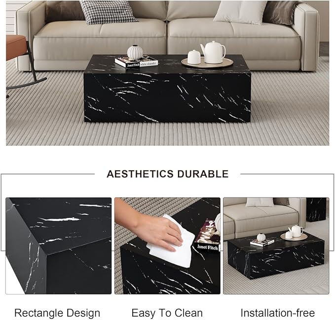 Coffee Table Living Room Table, Modern Black Faux Marble Center Couch Table