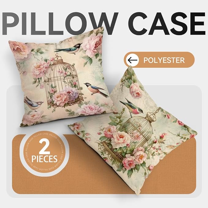 OBSEDE Vintage Throw Pillow Covers Set of 2, 18x18 Inch Pink Rose and Bird Print